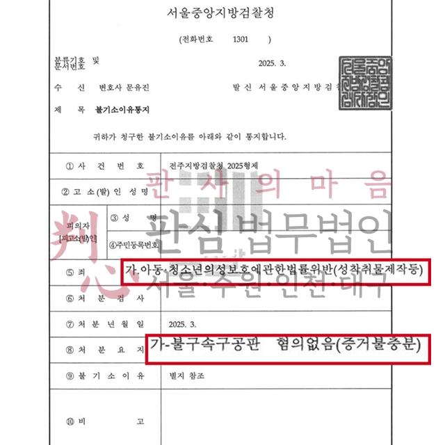 [불기소] 아청법 위반 | 미성년자 성착취물제작 혐의를 받아 문제가 된 사건, 불기소